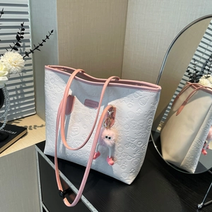 Embossed Cartoon Tote Bag PU Leather Large Capacity Shoulder Handbag With Monster Plush Charm Casual Fashion For Women