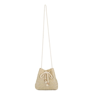 Chic woven straw bucket bag with drawstring closure and slim shoulder strap for women