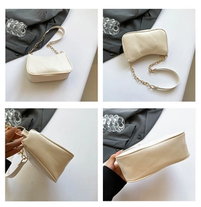 Detailed four-way view of a cream leather underarm bag with gold metal chain strap