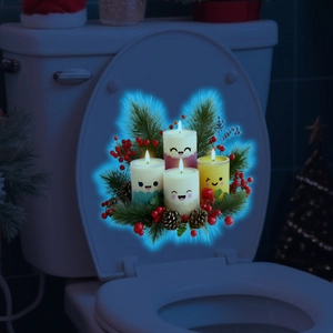 Luminous blue Christmas candle stickers with pine needles on a dark toilet lid background
