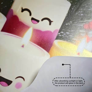 Close-up of cute glowing candle toilet sticker with smiley face and luminous feature