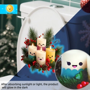 Luminous Christmas candles with cartoon faces in pine wreaths, showing day and night glow effects