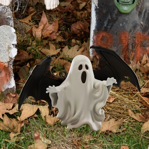 Cute winged ghost garden stake decoration with black bat wings for Halloween yard decor