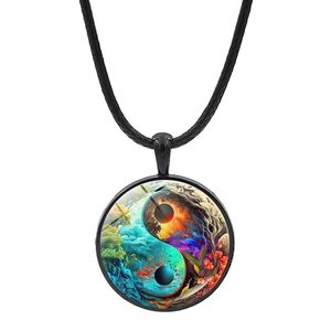 Artistic Yin Yang Tai Chi glass gem pendant necklace with elegant black braided cord