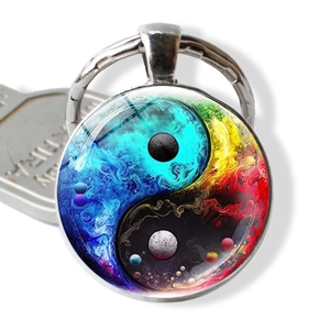 Yin Yang Tai Chi keychain with rainbow nebula glass dome and silver metal frame decor