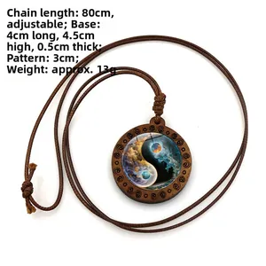 Vintage wood Yin Yang Tai Chi necklace with adjustable rope chain and galaxy pattern
