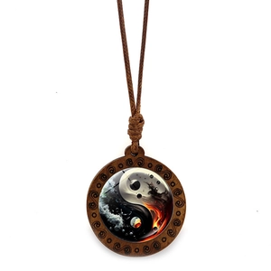 Vintage Wooden Yin Yang Tai Chi Pendant Necklace Artistic Nebula Glass Cabochon Engraved Wood Frame Adjustable Braided Cord Ethnic Zen Jewelry
