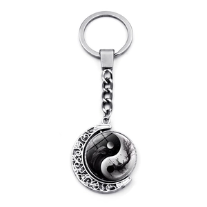 Vintage Hollow Moon Yin Yang Tai Chi Keychain 360 Degree Rotating Double Sided Galaxy Nebula Glass Ball Pendant Key Ring