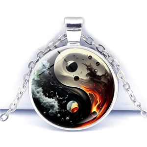 Yin Yang Pendant Necklace Artistic Nebula Fire Water Pattern Zinc Alloy Glass Cabochon Retro Aesthetic Unisex Jewelry