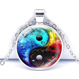 Artistic Yin Yang necklace with colorful nebula pendant on silver alloy chain