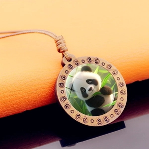 Handcrafted wooden panda pendant necklace with retro carved frame and brown woven cord