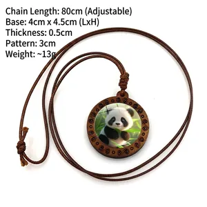 Adjustable 80cm brown wax cord necklace with 4cm panda and bamboo forest wood pendant