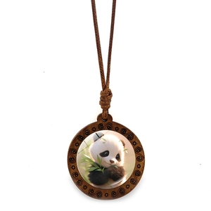 Cute panda wood necklace with crystal detail and brown braided rope for women