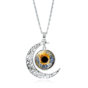 Gothic hollow crescent moon necklace with realistic orange iris eye pendant for women