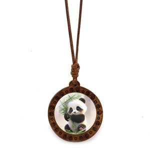 Vintage Wooden Round Pendant Necklace Cartoon Panda Bamboo Pattern Adjustable Long Braided Rope Wax Chain Ethnic Jewelry For Women Men