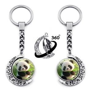 Cute Panda Rotating Crescent Moon Keychain Silver Zinc Alloy Glass Hollow Pattern Pendant Bag Charm For Women Kids Gift
