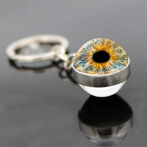 Macro side view of creative eyeball keychain showing realistic iris detail with reflection