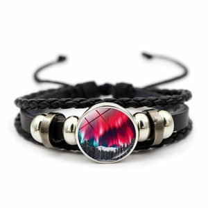 Unisex Meerlagige Geweven Kunstleren Armband Noorderlicht Aurora Galaxy Sterrenhemel Glas Cabochon Verstelbare Vintage Sieraden Cadeau