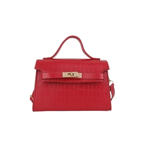 Red crocodile pattern trapezoid handbag with gold metal lock and top handle