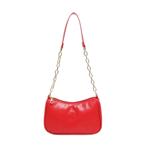 Retro bright red shoulder bag with gold chain strap and smooth leather texture