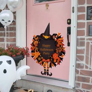 Halloween pumpkin and witch hat door sticker with Happy Halloween Party greeting text