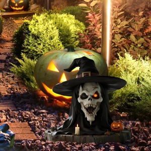 Halloween skeleton garden stake decoration with wizard hat and glowing pumpkin light