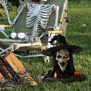Halloween skull garden stake with wizard hat and glowing eye for yard decoration