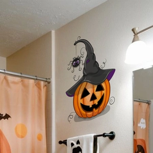 Halloween pumpkin wall sticker with wizard hat and spider in bathroom home decor
