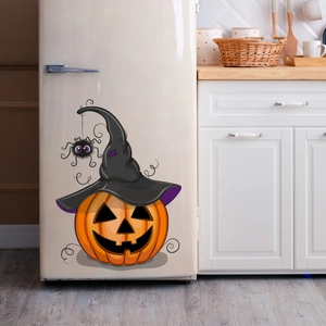 Halloween pumpkin Jack-o'-lantern with wizard hat wall sticker on refrigerator door