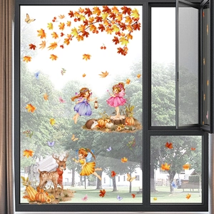 Autumn fairy and maple leaf static window decals set for seasonal home decoration