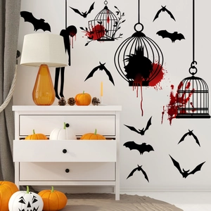 Halloween Wall Stickers Horror Bloody Handprint Bat Birdcage Gothic Silhouettes PVC Self Adhesive For Haunted House