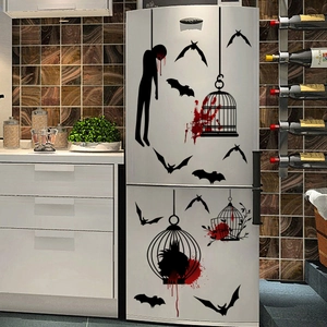 Halloween bloody wall stickers with bats, hanging birdcages and blood splatters decor