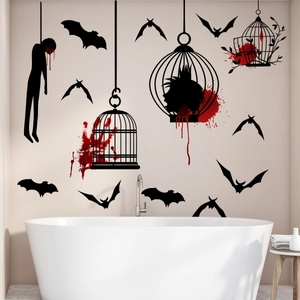 Halloween bloody birdcage and bats wall decal set for home living room decor
