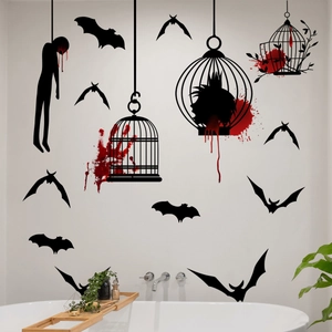 Halloween wall decals set with black bats and red bloody handprints on a bathroom wall