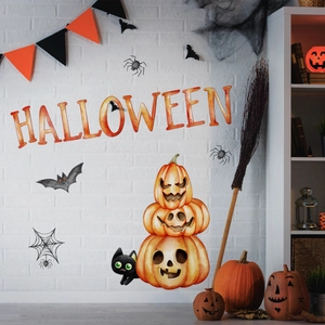 Halloween Wall Stickers PVC Self Adhesive Pumpkin Black Cat Bat Spider Web Decal For Living Room Bedroom Party Decoration
