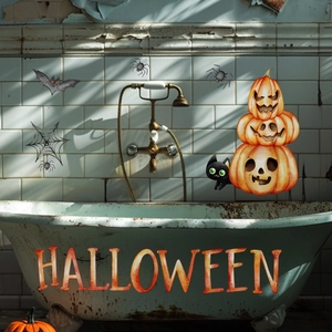 Halloween wall stickers featuring pumpkins, bats and black cat decor for home party