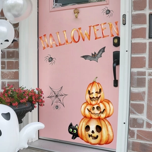 Halloween wall sticker set featuring hand-painted pumpkins, bats, and a black cat for decor