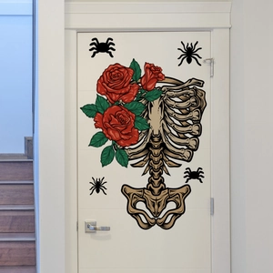 Detailed wall sticker featuring a gothic skeleton torso with vibrant red roses and spiders