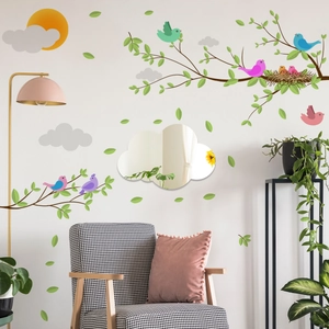Vibrant birds and green leaf tree branch wall stickers with cloud shaped mirror decor