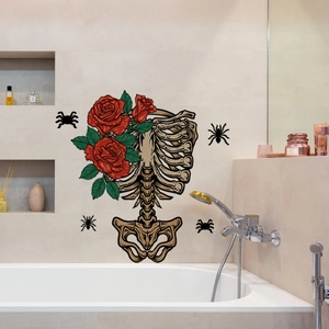 Hand-painted skeleton rib cage with red roses and spiders Halloween wall sticker