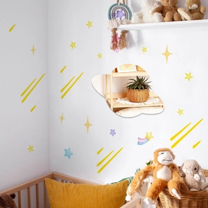Saturn mirror and star wall stickers set for nursery room decor with Nordic style accents