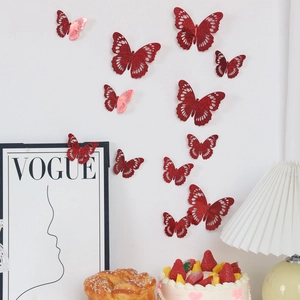 3D red hollow-out mirror butterflies wall stickers with glitter for home decoration