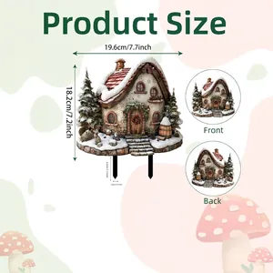 Detailed size chart for 2D Christmas cabin garden stake with front and back views
