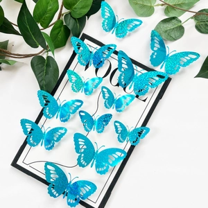 Set van 12 blauwe glitter 3D holle vlinder muurstickers voor huisdecoratie