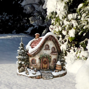 Detailed close-up of a Christmas cottage miniature with red roof and snowy garden decor