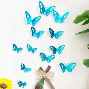 3D blauwe glitter holle vlinder muurstickers in diverse maten voor huis wanddecoratie