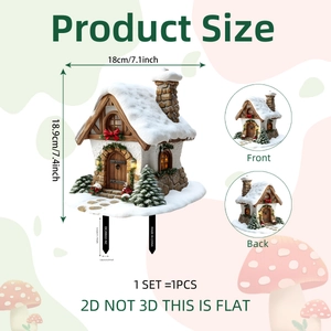 Detail view of 2D PVC Christmas cottage yard sign with dual ground stakes and dimensions