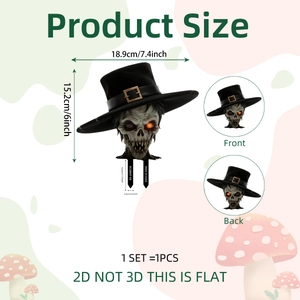 Halloween garden stake featuring a 2D skeleton wearing a hat with dimensions shown