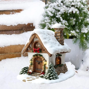 Christmas mini snow house garden stake decoration with LED glowing windows and snowy pine trees