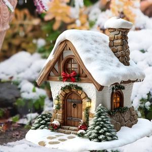 Detailed view of a miniature 3D Christmas cottage with LED lights and faux snow texture